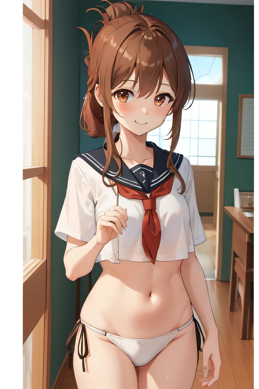 (masterpiece, highest quality:1.2),figure,8K,hd,1 girl,alone,Brown_hair,folded_ponytail,Brown_eye,serafuku,length_hair,School_uniform,((The lower body is a white bikini)),smile、Are standing、facing forward