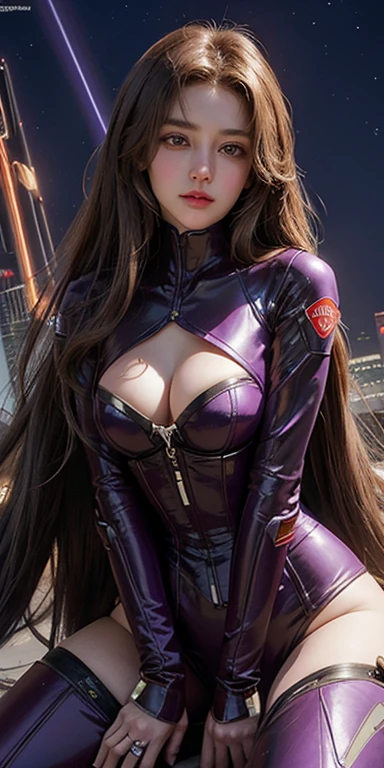 realistic, high resolution, Bright glare,1 woman, alone, hips up, (detailed face), brown hair, long hair, Mecha Musume, mechanical parts, robot joint, single mechanical arm, Mechanical radius, The electric bodysuit had a bright purple light radiating from the armor., Mecha Corset, red white city at night