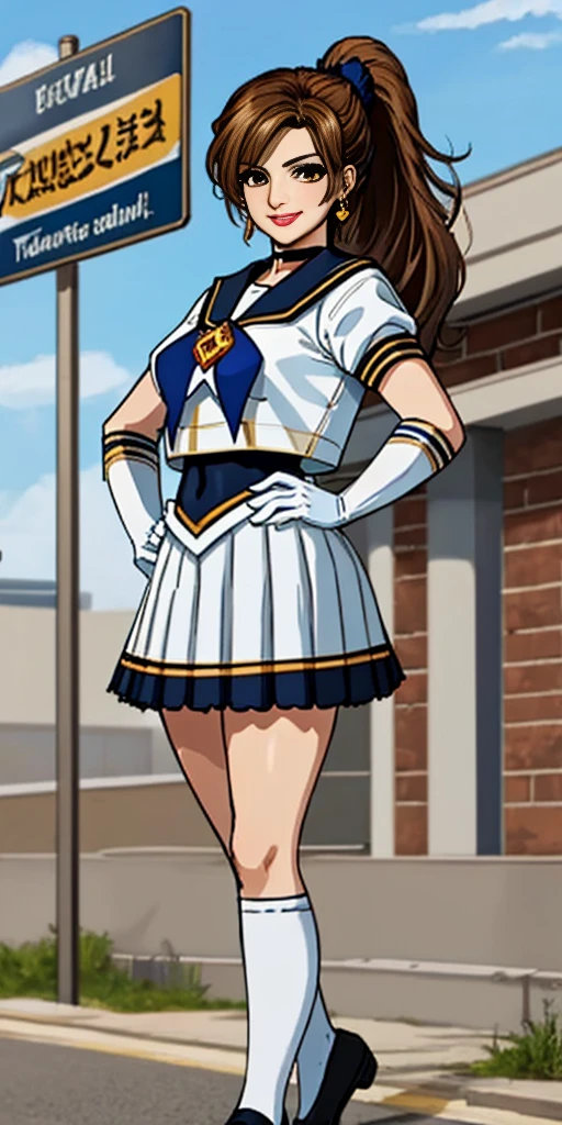 best quality, (masterpiece:1.2), highly detailed, standing, outdoors, building, school, FEMALE hand on hips 1girl, solo, standing, looking at the viewer, smile, sign to viewer brown hair, ponytail, brown eyes, scrunchie, (sailor senshi uniform), circlet, jewelry, earrings, choker, red bow, white gloves, elbow gloves, blue skirt