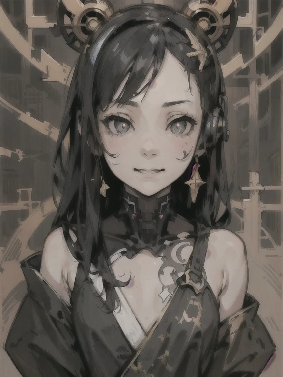 (High resolution), (Ultra delicate), (clear), Realistic，((Black and white gold girl)).((cyber punk)），face，Skin realism、A fusion of Japanese style and the near future、Black pupil、Astrology
