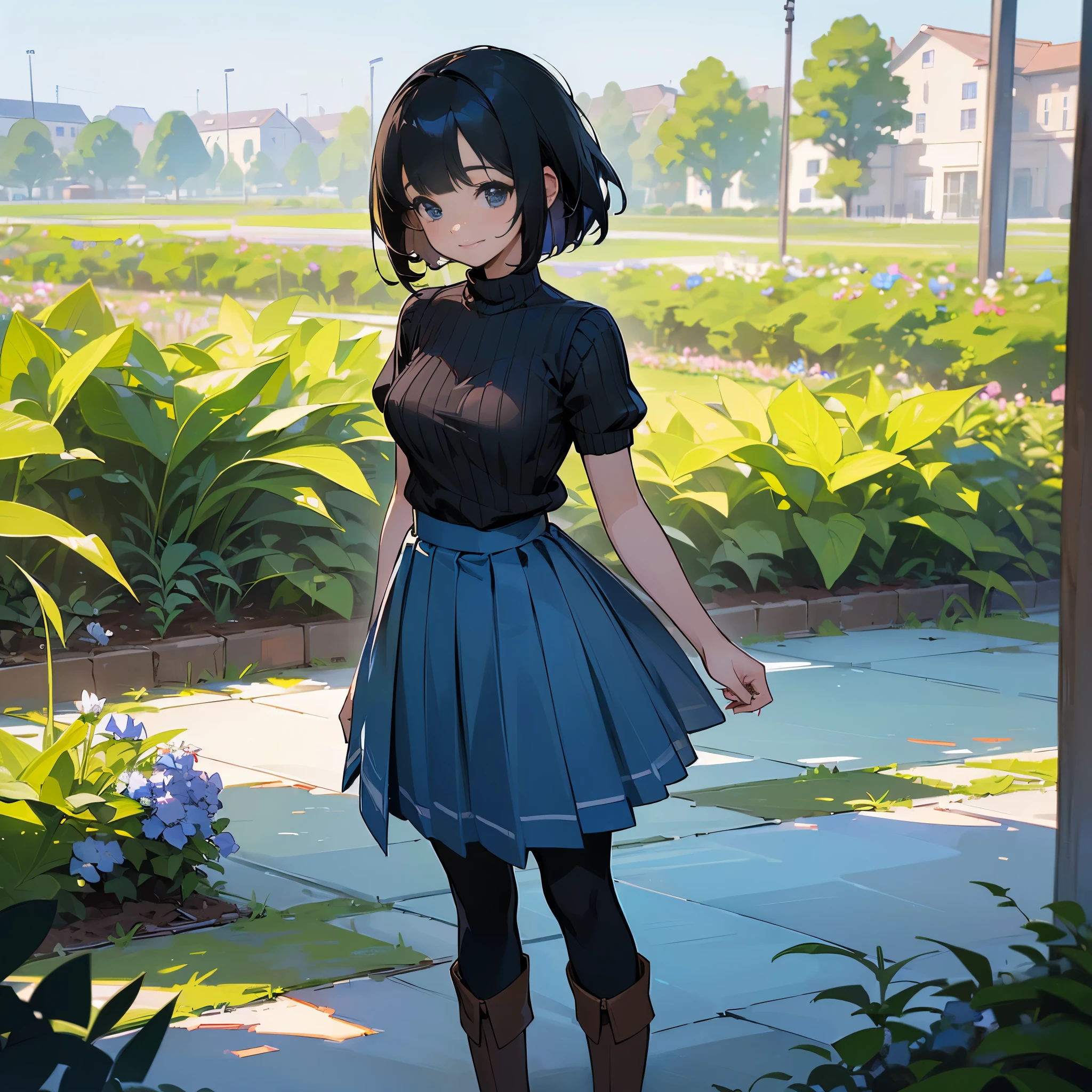 (high quality, High resolution, Very detailed, reality:1.37), Peaceful atmosphere, (Outdoor, garden), age girl standing alone, (my breasts are big.), Beautiful detail features, Cute Smile, (Black bob hair), Short sleeve ribbed sweater, Blue Skirt, black tights, Brown boots.