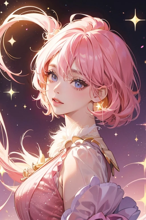 She is a pink with puffy yellow hair and eyelashes. SPARKLE; GLITTER