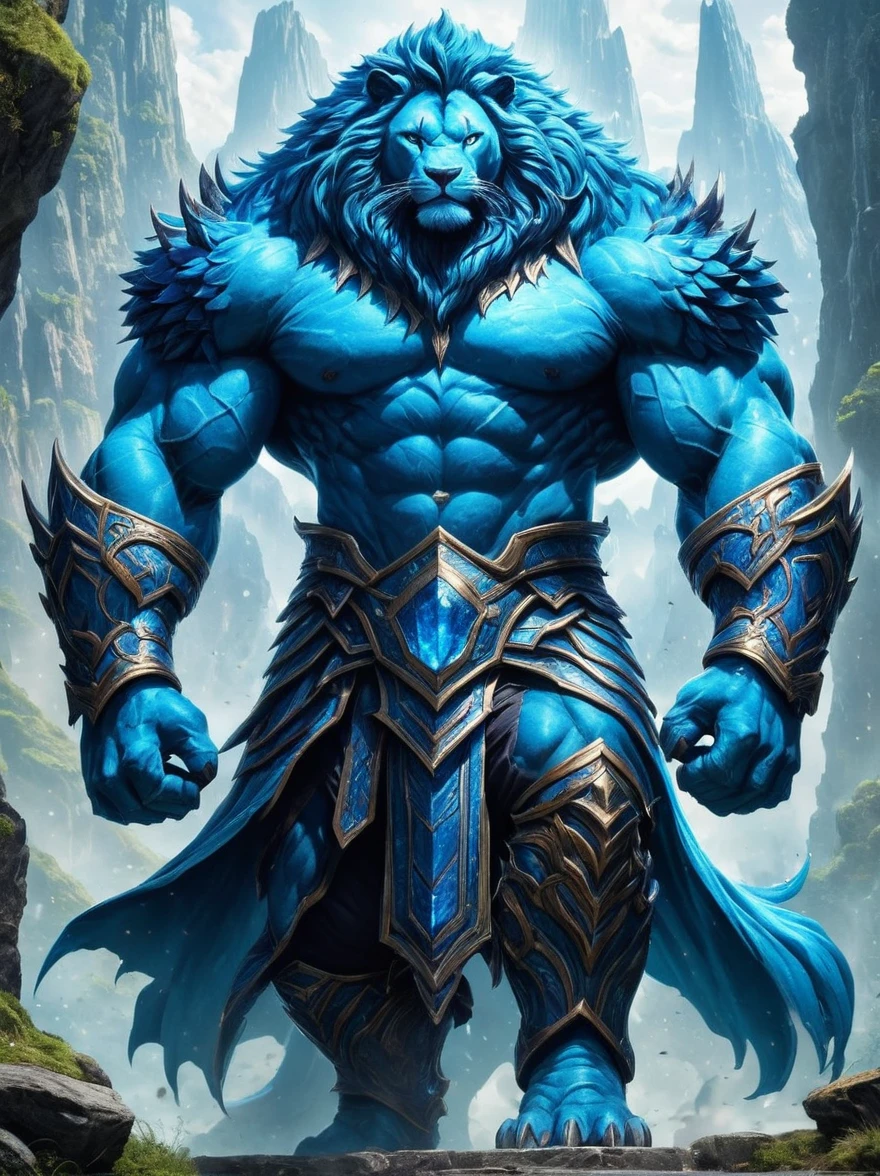 Visualize a mythical, azure-colored beast from a magical universe engaged in an intense battle. This creature is wearing armor that resembles a towering, stone monolith. The environment around it is filled with sparks of magic and elements of fantasy.