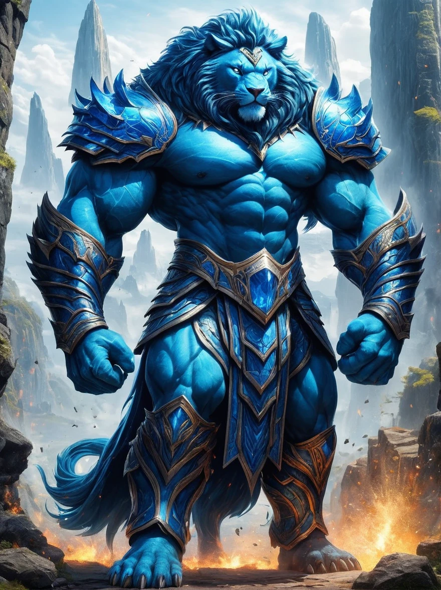 Visualize a mythical, azure-colored beast from a magical universe engaged in an intense battle. This creature is wearing armor that resembles a towering, stone monolith. The environment around it is filled with sparks of magic and elements of fantasy.