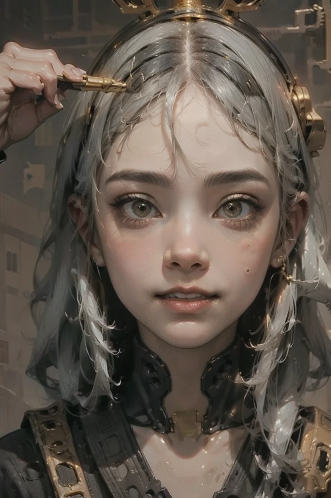 (High resolution), (Ultra delicate), (clear), Realistic，((A girl with white hair and gold inner color)).((cyber punk)），face，Skin realism、A fusion of Japanese style and the near future、Black pupil、Astrology
