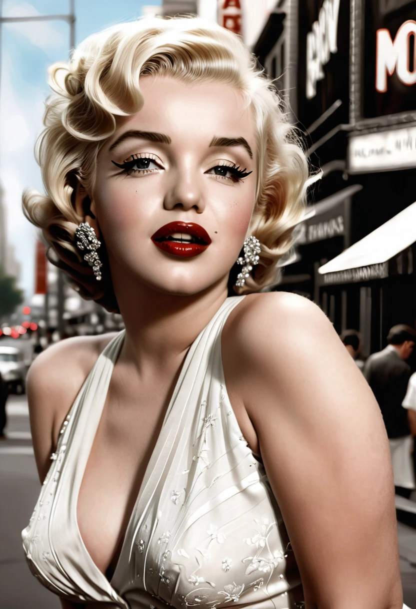 Hyper photo realistic picture perfect young marilyn monroe, high detailed skin, blonde eyebrows, black eyeliner, dark eye shadow, vibrant red lipstick, 1920s blonde hair, natural Hollywood makeup, long white dress, Hollywood boulevard background full daylight, 