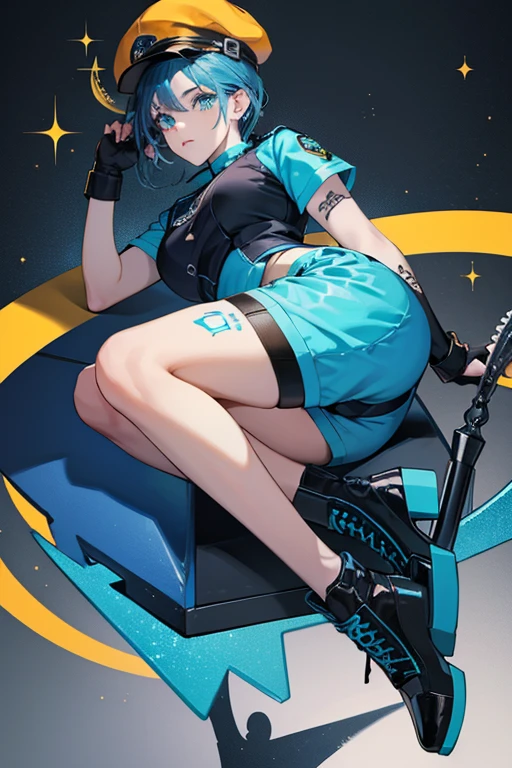 She is a dark blue with a cyan underside. She also has yellow eyeshadow and a gray anchor tattoo on her left arm. She wears a basic orange prisoner uniform with a matching cap and black shoes. SPARKLE; GLITTER