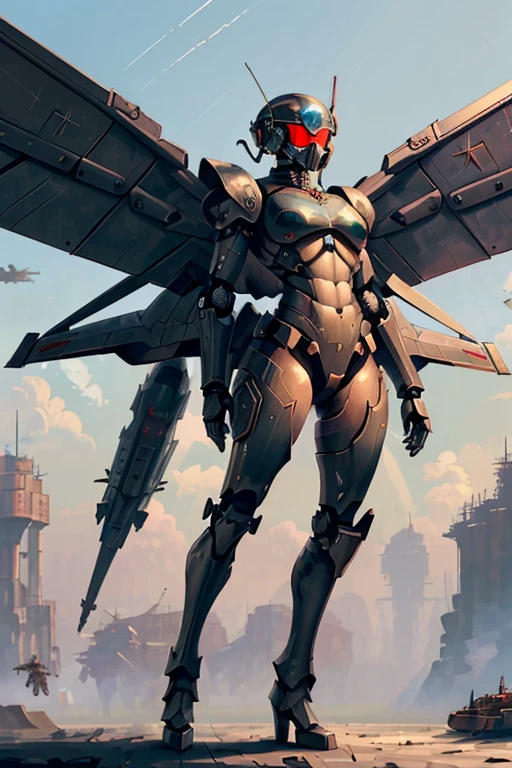 machine, automaton, military, robot, soldier, communist, solo, simple background, humanoid, Russian, soviet, tubing, dark, feminine, tubing, helmet tubing, chest tubing, solo, wings, mech, tall, massive, an, large wings, pilot, aircraft, large wingspan, armored, winged, visor, mechanical wings, jetpack, jet boots, flying, fighter, bomber, heavy armor, no skin