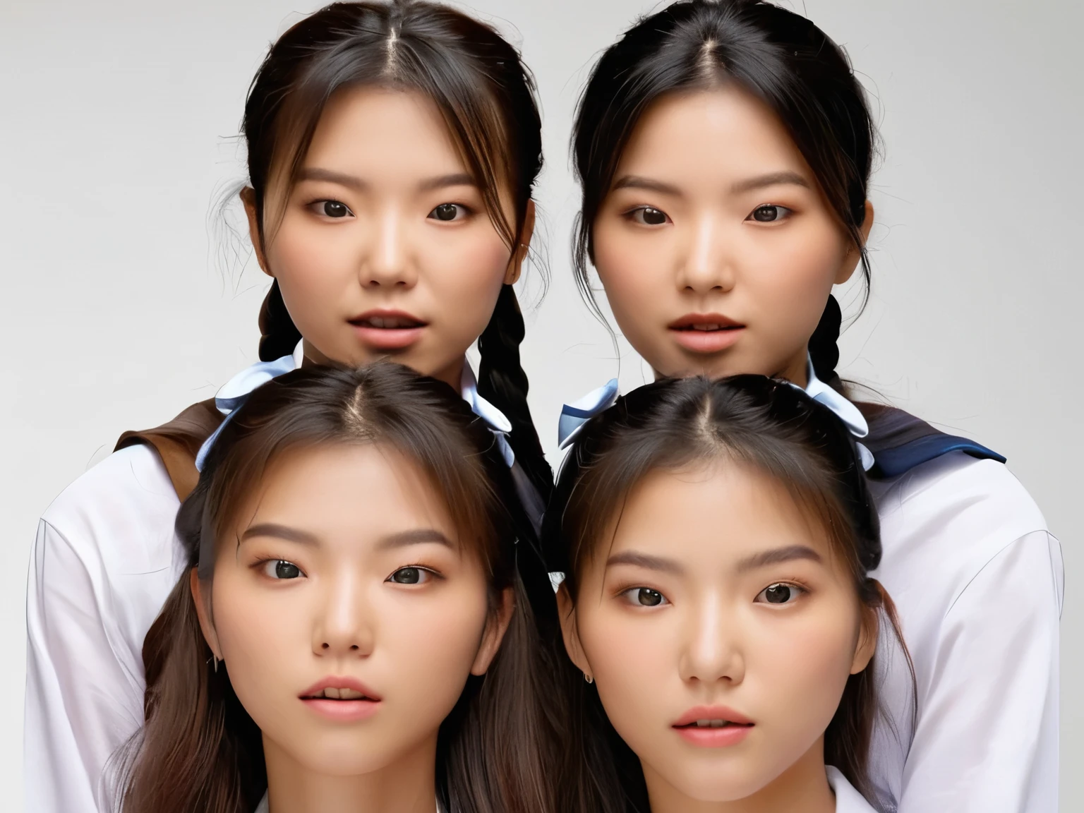 (high resolution, ultra-detailed, photorealistic), 4girls, sjang, identical people, identical clones, different expressions