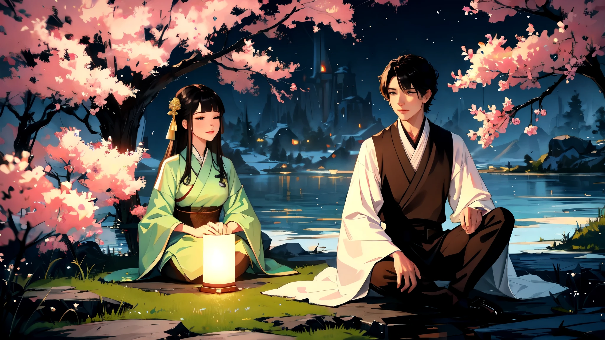 A scene from a TV series "Chinese fairy tale", Two young men sitting on a rock under a tree, The white moonlight shines through the leaves on their faces，They stared at each other. Man wearing traditional Hanfu，His lover was dressed in blue , The two gazed into each other&#39;s eyes，A faint smile appeared on their faces. A huge full moon and bright stars illuminated the night scene behind them.. There is an open space in front，Some green plants can be seen. Chinese art style, With Chinese elements and fantasy, With movie lighting effects and HD picture quality. 