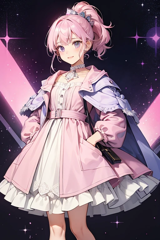 She is a gray with a violet She wears a bright pink coat with pockets, a bright dark collar with a matching skirt and pockets, and light pink ruffles. She carries a white purse over her shoulder. SPARKLE; GLITTER