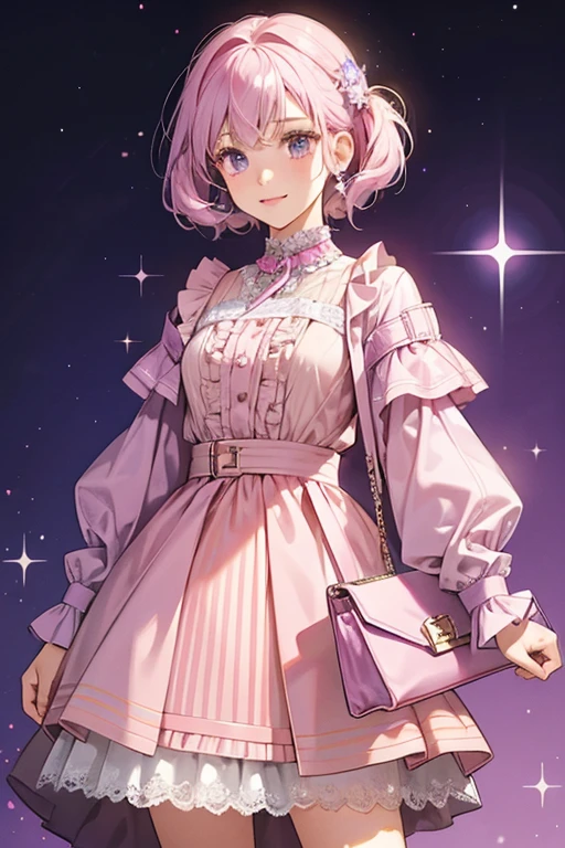 She is a gray  with a violet She wears a bright pink coat with pockets, a bright dark collar with a matching skirt and pockets, and light pink ruffles. She carries a white purse over her shoulder. SPARKLE; GLITTER
