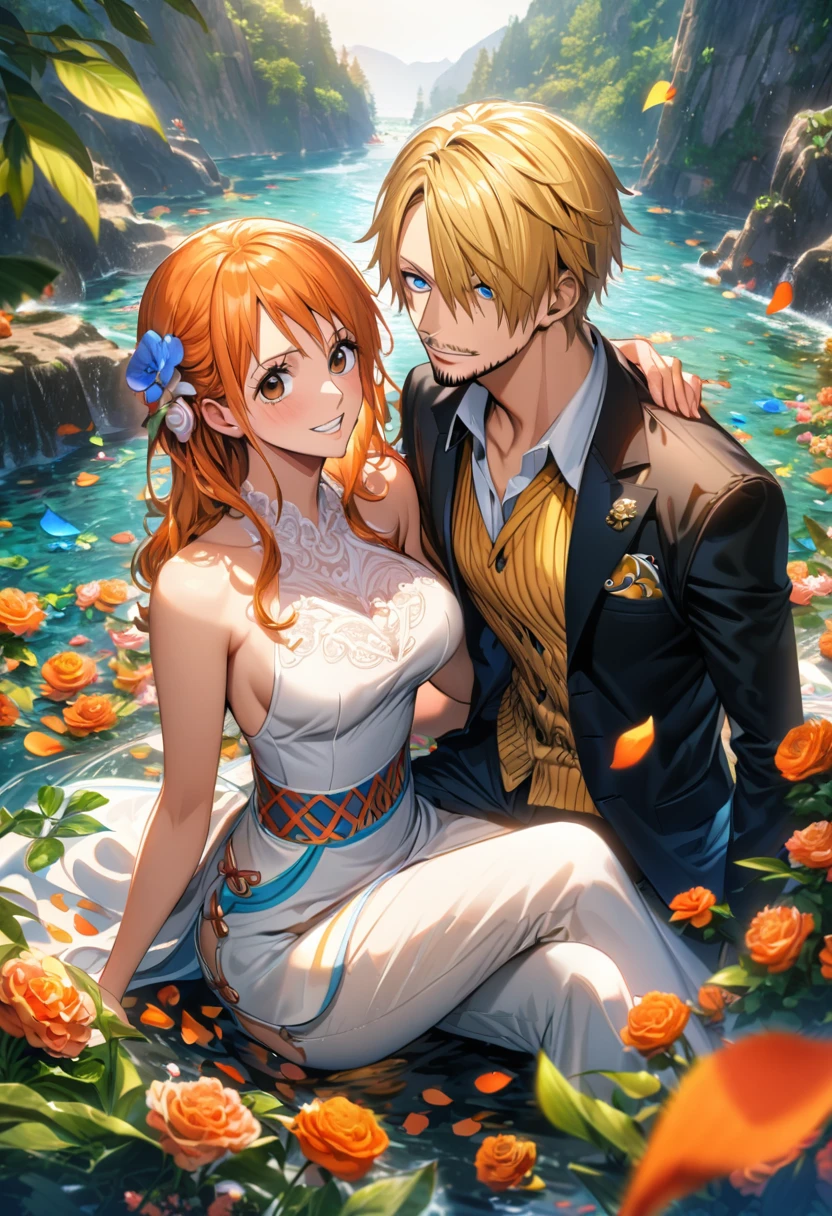 Ultra detailed, highres, absurdres, HDR, Sanji, blue eyes, blond hair, Nami, orange hair, brown eyes, One Piece, flowers, petals, green leaves, water, 1 man together with 1 woman as a couple, handsome, very detailed face and eyes,