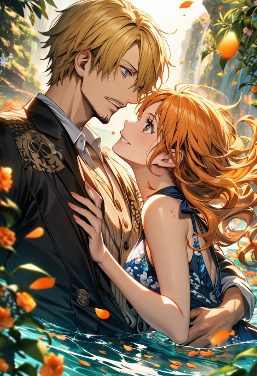 Ultra detailed, highres, absurdres, HDR, Sanji, blue eyes, blond hair, Nami, orange hair, brown eyes, One Piece, flowers, petals, green leaves, water, 1 man together with 1 woman as a couple, handsome, very detailed face and eyes,