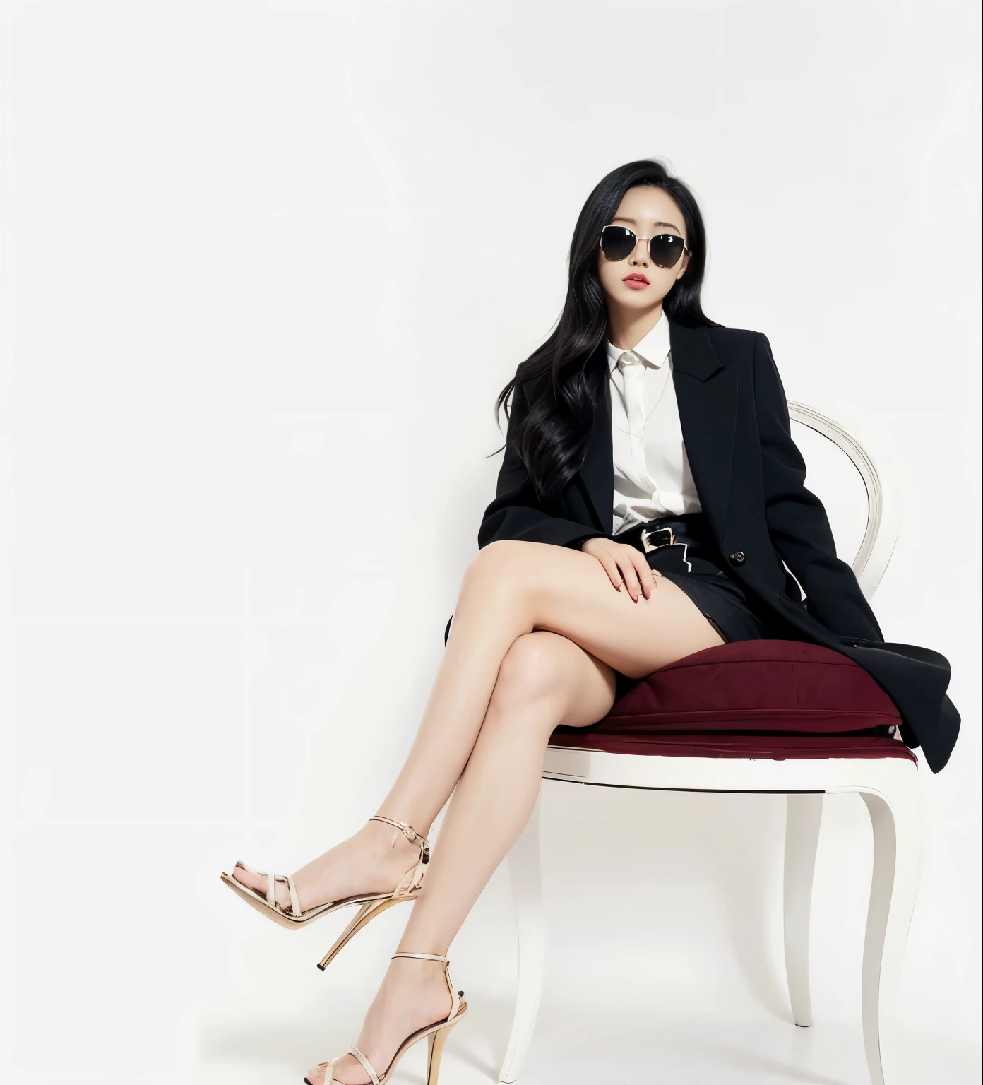 Polaroid black tone low key film, masterpiece, best quality, office lady, heels, red background,
