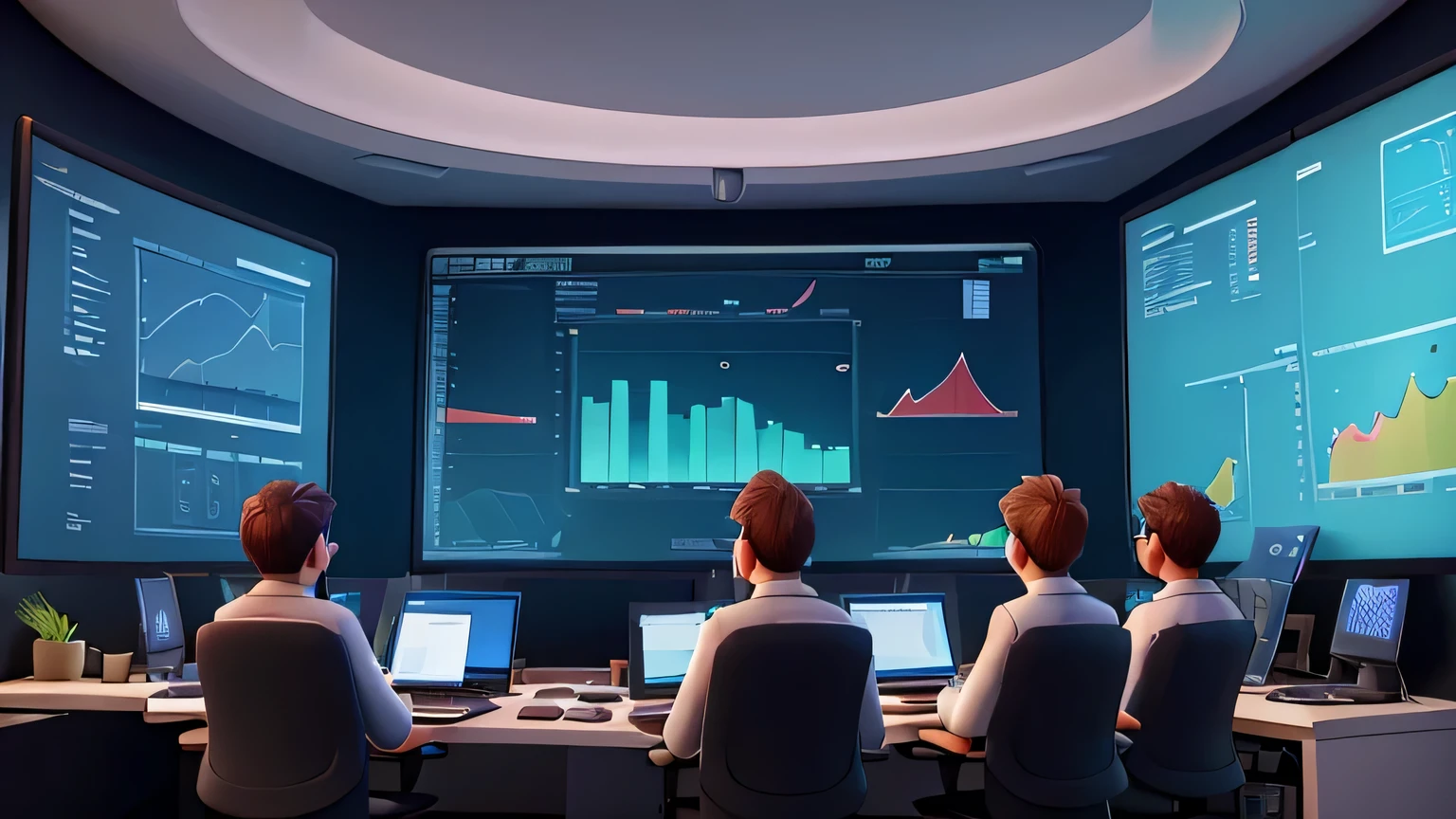3D rendering, C4D, cartoon style,A group of data analysts is conducting data analysis in the workspace of a data center. They are attentively studying data charts and analysis results displayed on the screen. The illustration should depict their collaboration, discussions, and the valuable insights revealed through data analysis.