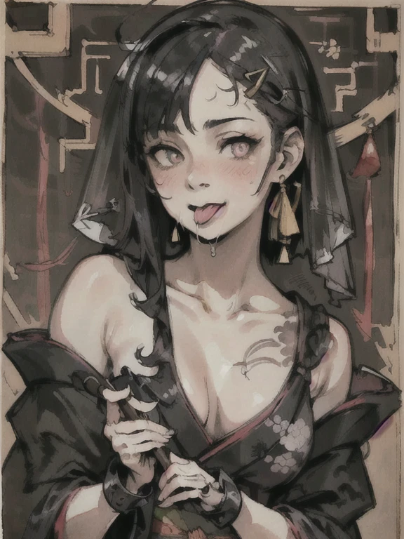 (((((((Chinese Ink Painting,Watercolor,Traditional Kimono,saliva,Stick your tongue out of your mouth,blush:1.2,Veil,Loose cuffs,))))))),((One girl,Minors,wonderful,Sharp focus,Enchanting girl,alone,From above:1.3,Bent over:1.2,))(masterpiece,highest quality, Official Art, Beautiful and aesthetic:1.2),((Ultra-high resolution,Golden Ratio,)) (16k),((Upper Upper Shot,close of face:1.2,focus on face:1.2,Succubus,Fairy,big breasts)),(Physically Based Rendering),Sharp focus, (((Highly detailed skin,))),elaborately crafted costumes,Delicate eyes,Heart Pupil,Crimson Eyes,Dunfen Eye,((((detailedな髪|short hair|steep bangs|Long and bold side bangs|top bow)))),thin,(masterpieceサイドライト),(shine),(Beautiful Hair,美しいeye,)((unbelievably ridiculous,Blur the background,)),((very_detailed_eye_and_face)),Movie Girl,(moving composition: 1.2),wonderful,Shiny, (Realistic), Mitt, ((hairpin)), Double-sided fabric,Disheveled Hair,Ultra-precise depiction, Ultra-detailed depiction,