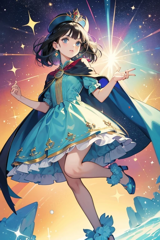 She is a light purple  with light yellow and light green eyes and black hair. she is a fortune teller. She wears a light blue dress, a red cape, and blue slippers. One of her eyes is really small.  SPARKLE; GLITTER