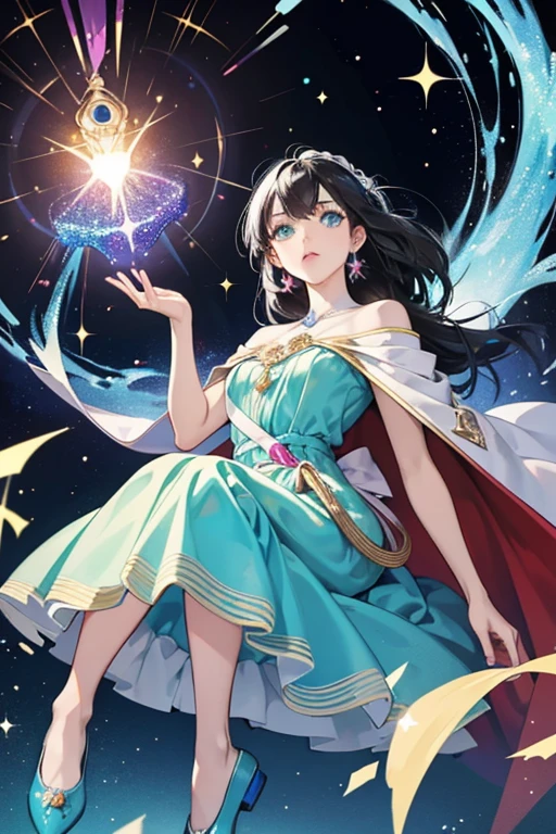 She is a light purple  with light yellow and light green eyes and black hair. she is a fortune teller. She wears a light blue dress, a red cape, and blue slippers. One of her eyes is really small.  SPARKLE; GLITTER