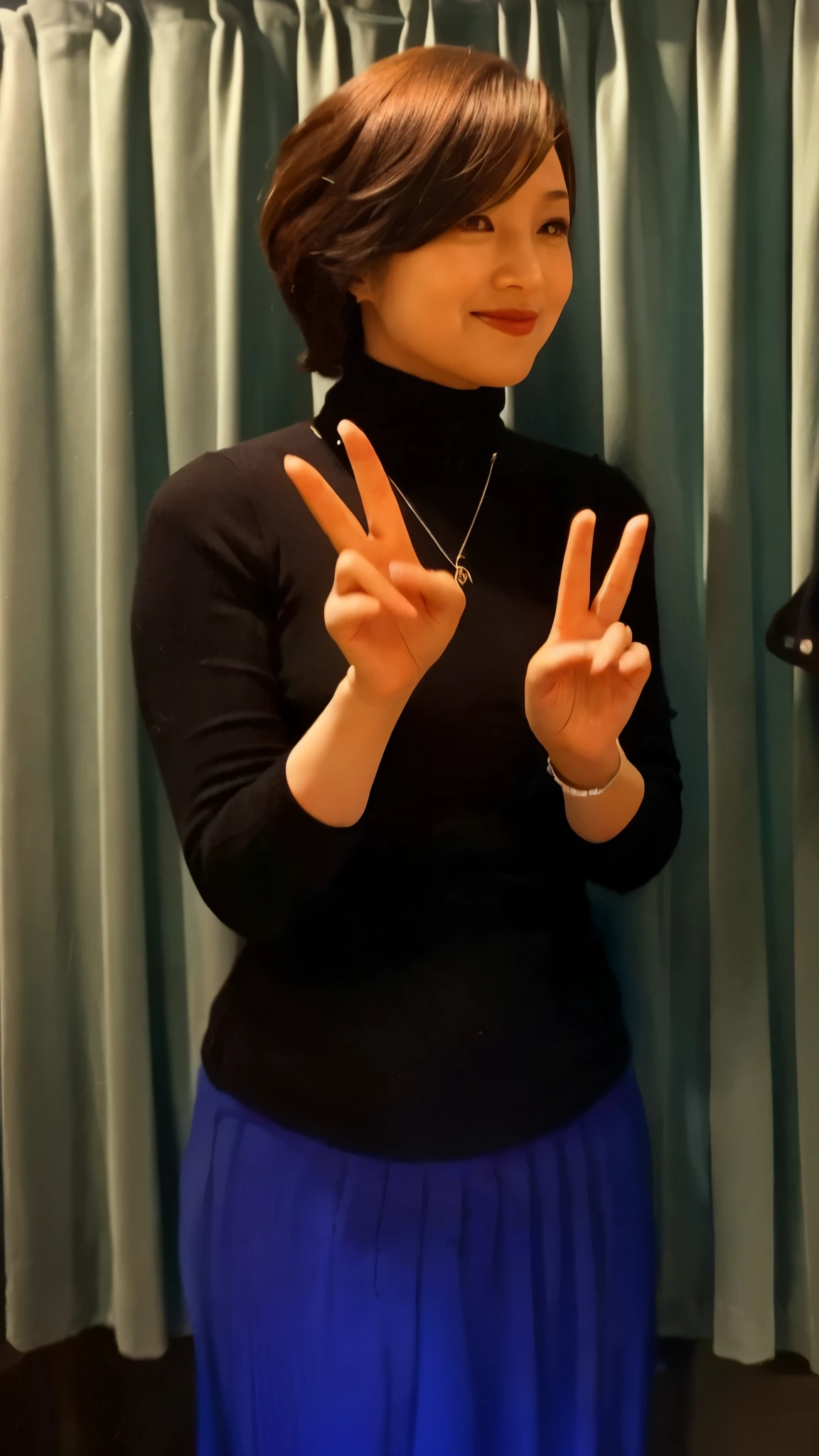 highest quality, 16k,Masterpiece, Ultra-high resolution, Dimly lit studio,one middle-aged woman, Beautiful and perfect face,asymmetric wavy short hair:1.2,Black Turtleneck Knitted Sweater,Blue long pleated skirt, G-string, Peace sign with both hands, Intricate details, Cinematic feel,, Very detailed,well-shaped breast bulge,green curtains,Indirect lighting in warm colors,