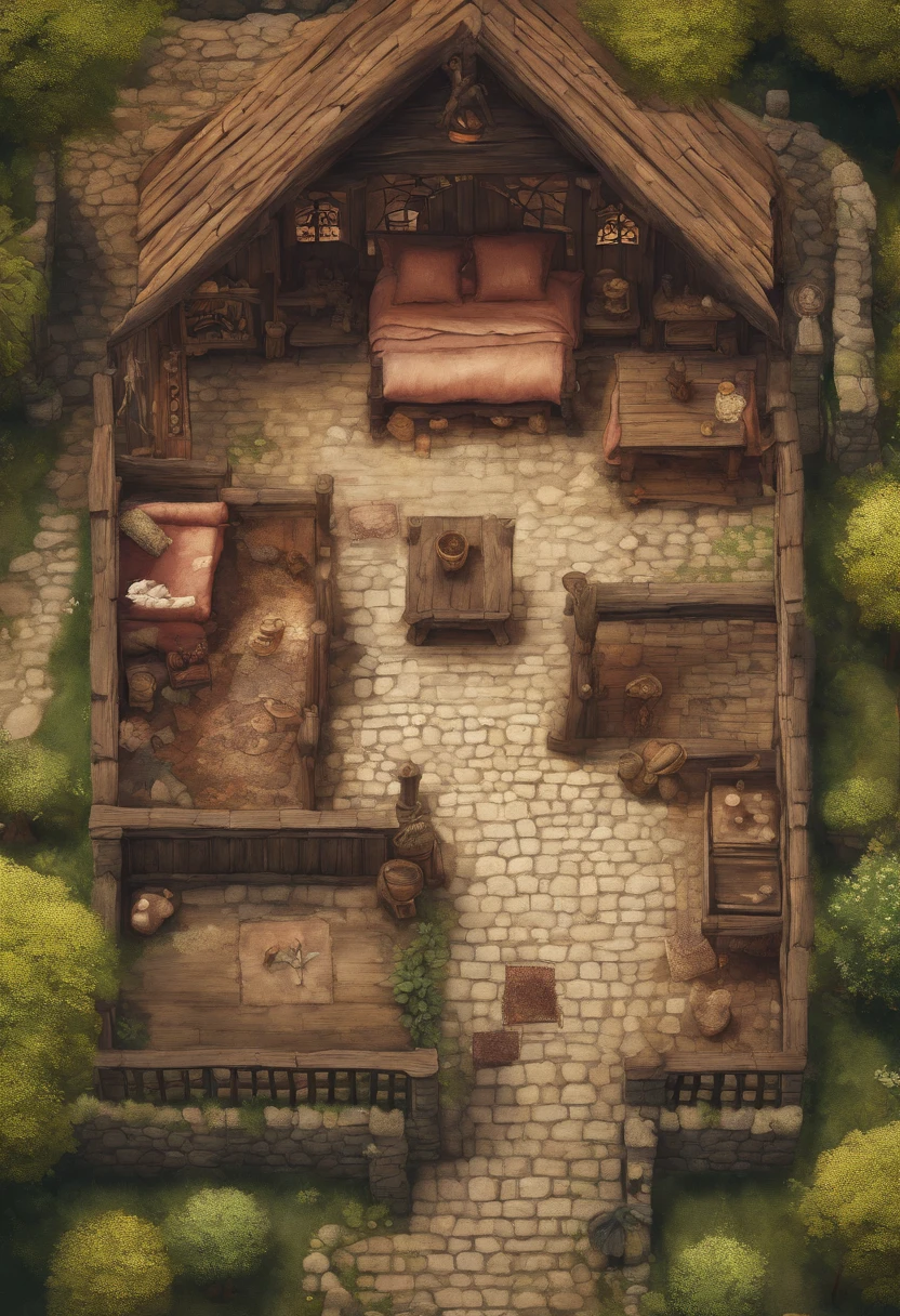 birdseye straight top-down shot from a drone, battlemap of interior of medieval fantasy cottage, (massive dark magical roots sprouting from west:1.2), (black necrotic magic in the air:1.2), wicker furniture, door to north, mezzanine sleeping area, dungeons and dragons, final fantasy, game art, (coherent architecture and interior, with realistic proportions and textures, intricate details, handdrawn, vibrant, cinematic lighting, masterpiece, 8k:1.2)