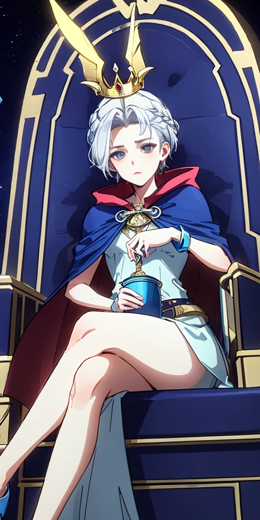 Cent-Angle Neon Lighting Neon Lighting Scene Demon Under World Earth-Quality Pos-Earth Porcelain crown, throne, solo 1girl blue skin sitting short white hair, female focus, bird, blue theme, long red cape, colored skin
