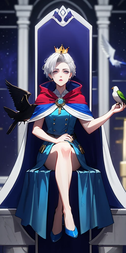 Cent-Angle Neon Lighting Neon Lighting Scene Demon Under World Earth-Quality Pos-Earth Porcelain crown, throne, solo 1girl blue skin sitting short white hair, female focus, bird, blue theme, long red cape, colored skin