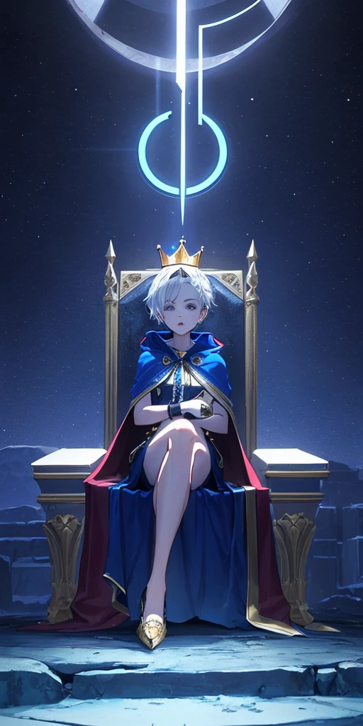 Cent-Angle Neon Lighting Neon Lighting Scene Demon Under World Earth-Quality Pos-Earth Porcelain crown, throne, solo 1girl blue skin sitting short white hair, female focus, bird, blue theme, long red cape, colored skin