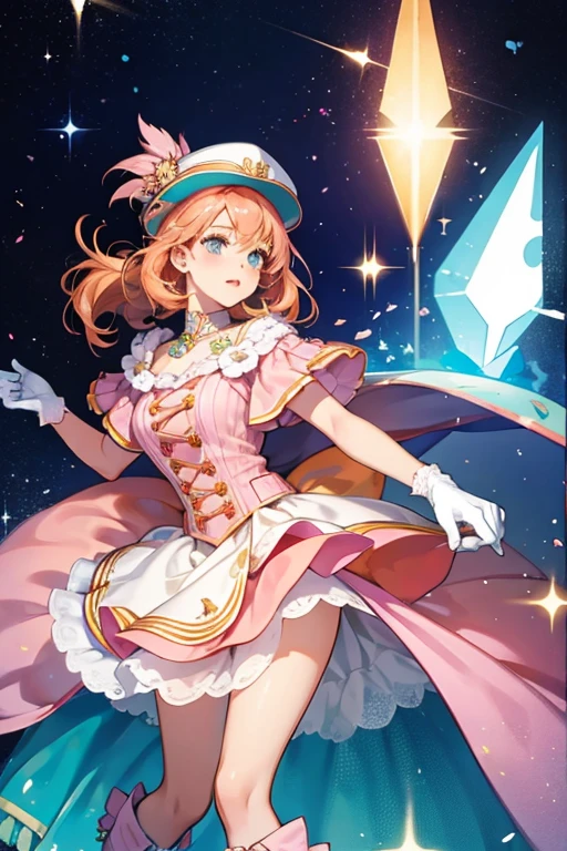 She is a fairly tall, light salmon-pink . She has orange hair and wears a teal dress with a navy stripe and white gloves with matching boots. She also wears a light brown hat with a teal stripe on it and pink lipstick. She lastly wears purple eyeliner and has big eyelashes. SPARKLE; GLITTER