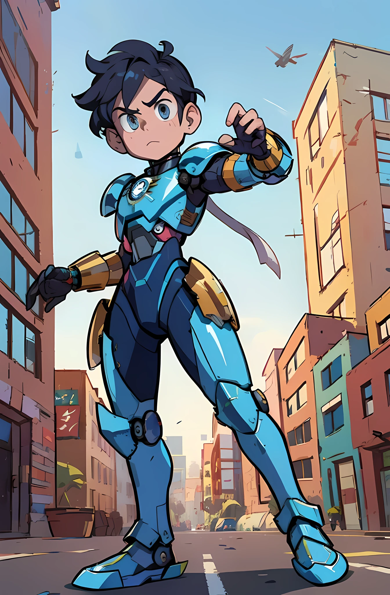 Imagem detalhada de desenho animado de um jovem em um armadura azul e dourado, boy with mecha cybernetic armor, garoto de armadura, nanoboy, hero 2d fanart artsation, cyber fighting armor, megaman, epic comic book style, ciborgue, garoto de anime do futuro, lindo garoto ciborgue, cyber suit, terno mecha, android hero, (incrivelmente detalhado,lindo rosto detalhado, obra de arte, Melhor qualidade)