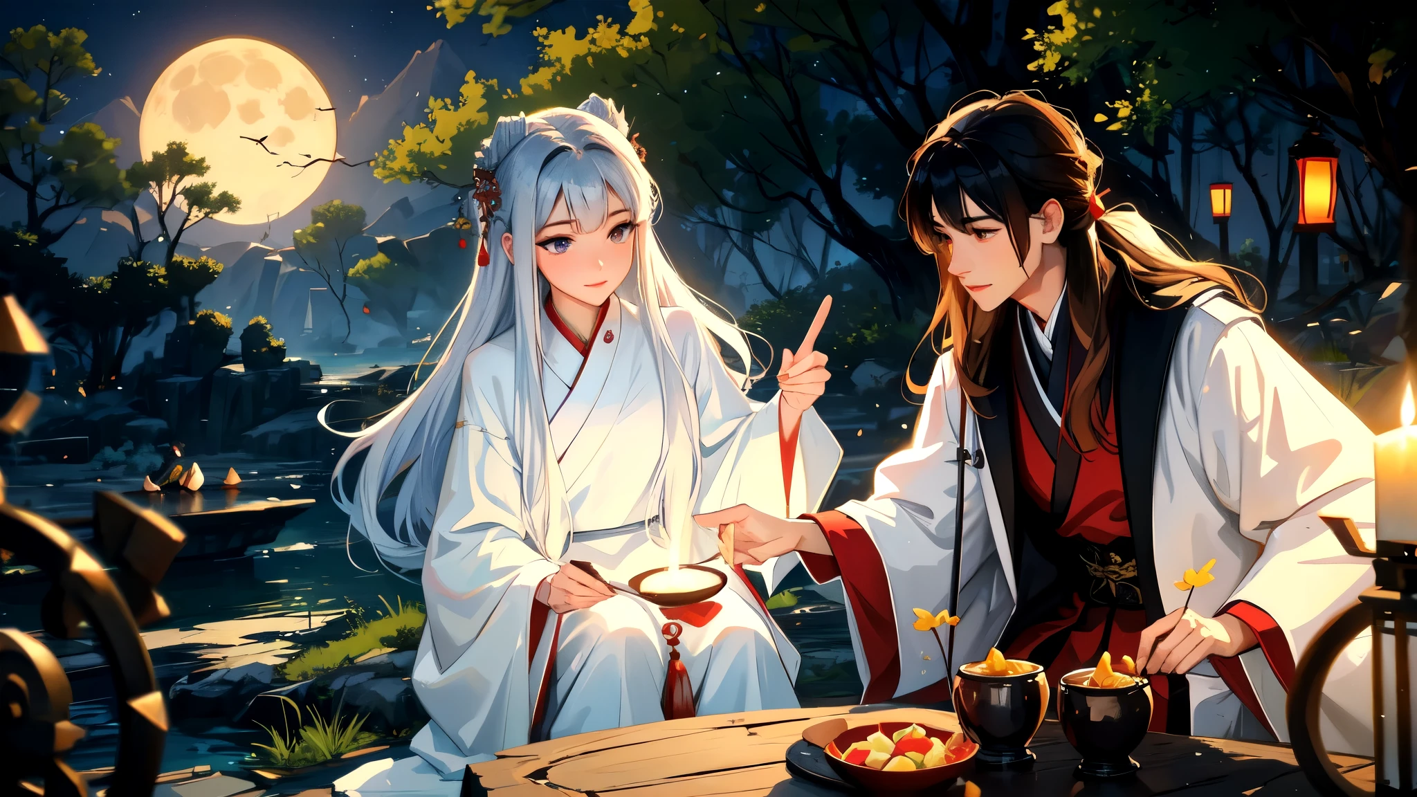 A scene from a TV series "Chinese fairy tale", Two young men sitting on a rock under a tree, The white moonlight shines through the leaves on their faces,They stared at each other. Man wearing traditional Hanfu,His lover was dressed in blue , The two gazed into each other's eyes,A faint smile appeared on their faces. A huge full moon and bright stars illuminated the night scene behind them.. There is an open space in front,Some green plants can be seen. Chinese art style, With Chinese elements and fantasy, With movie lighting effects and HD picture quality.
