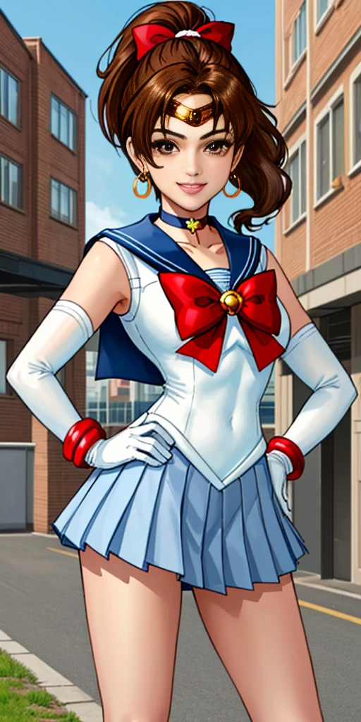 best quality, (masterpiece:1.2), highly detailed, standing, outdoors, building, school, FEMALE hand on hips 1girl, solo, standing, looking at the viewer, smile, sign to viewer brown hair, ponytail, brown eyes, scrunchie, (sailor senshi uniform), circlet, jewelry, earrings, choker, red bow, white gloves, elbow gloves, blue skirt
