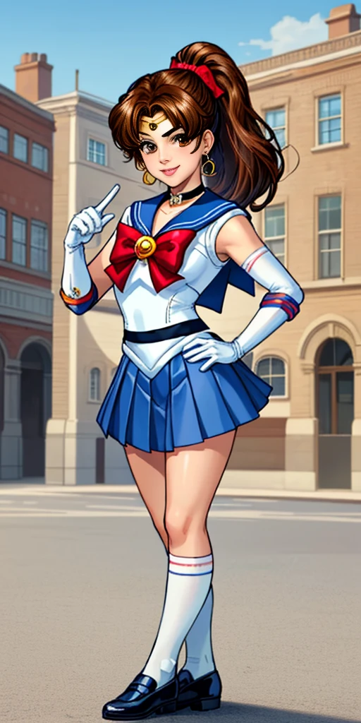 best quality, (masterpiece:1.2), highly detailed, standing, outdoors, building, school, FEMALE hand on hips 1girl, solo, standing, looking at the viewer, smile, sign to viewer brown hair, ponytail, brown eyes, scrunchie, (sailor senshi uniform), circlet, jewelry, earrings, choker, red bow, white gloves, elbow gloves, blue skirt