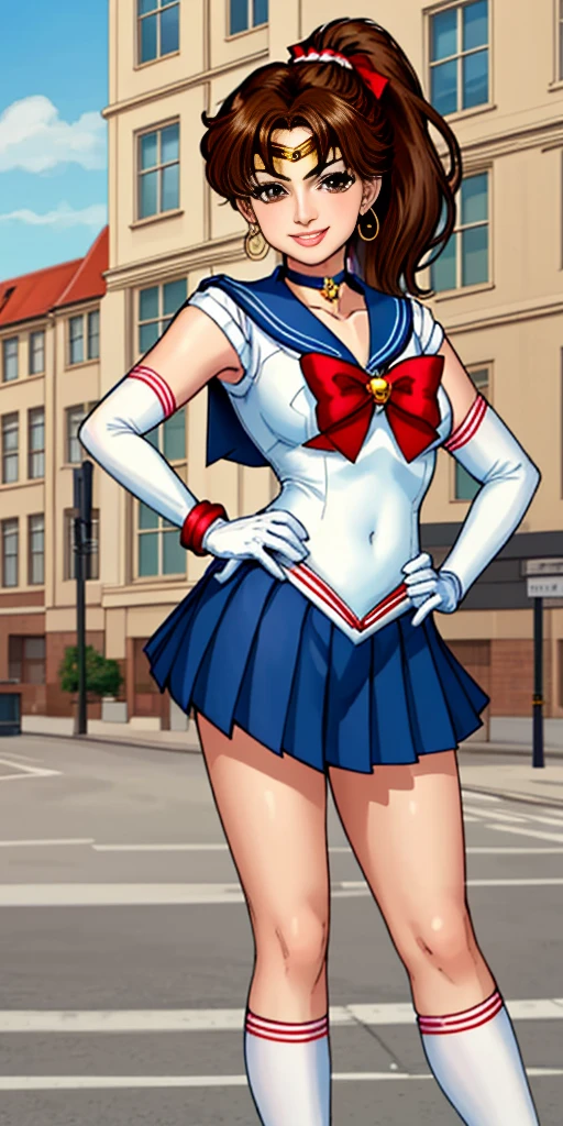 best quality, (masterpiece:1.2), highly detailed, standing, outdoors, building, school, FEMALE hand on hips 1girl, solo, standing, looking at the viewer, smile, sign to viewer brown hair, ponytail, brown eyes, scrunchie, (sailor senshi uniform), circlet, jewelry, earrings, choker, red bow, white gloves, elbow gloves, blue skirt
