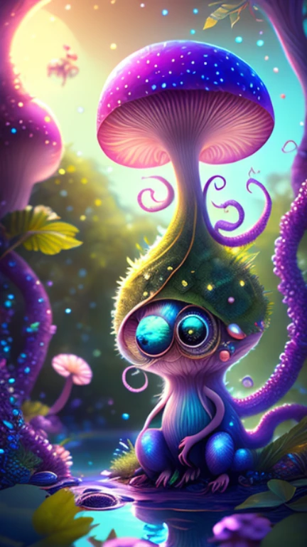 in a magical forest of lush green exotic plants and lush exotic colorful flowers, crystal clear water seeps, little creature with features of a mushroom and an octopus on top, beeple 和 jeremiah ketner, an alien mushroom with tentacles, very beautiful and cute, Delicate little eyes, and small mouth, so cute, fantasy, magic, myth, fairy tale, magical tale, detailed detailed background, Global Illumination, astronomical lighting, magical illumination, Backlight, , 3D stylized rendering, 3d rendering beeple, Highly detailed 4K digital artwork, Daily Beeple Artwork, Lindo's detailed digital artwork, Detailed 3D digital artwork, 8K high-quality detailed artwork, State-of-the-art Autodesk Maya VFX, Post-production