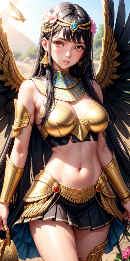 realistic, 1girl, black hair,egyptian,goddes,gold armor,fly,have wings, brown eyes, glowing eyes, crop top, skirt, parted lips, blush, night, flowers, sun, sunlight,