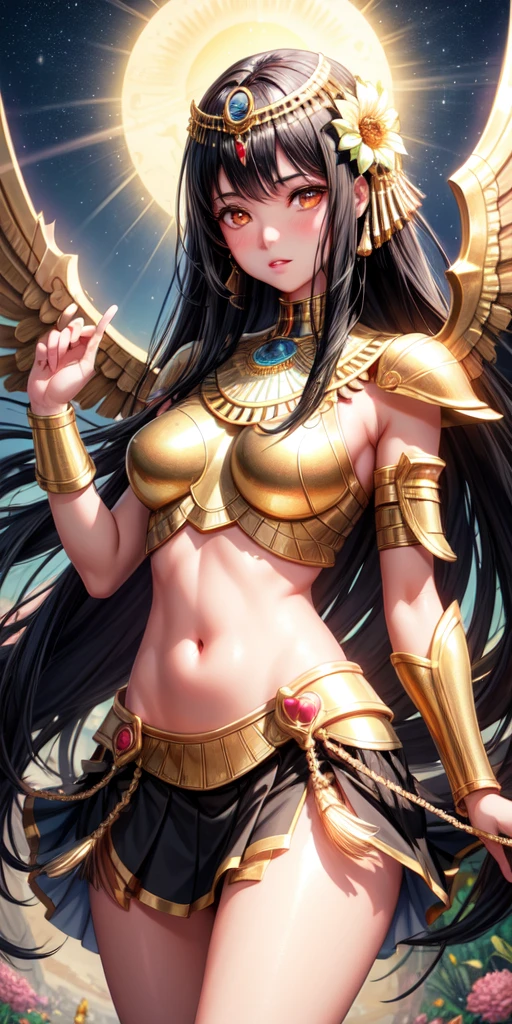 realistic, 1girl, black hair,egyptian,goddes,gold armor,fly,have wings, brown eyes, glowing eyes, crop top, skirt, parted lips, blush, night, flowers, sun, sunlight,