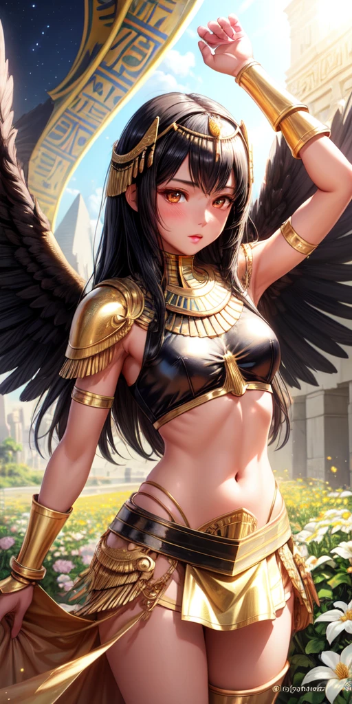 realistic, 1girl, black hair,egyptian,goddes,gold armor,fly,have wings, brown eyes, glowing eyes, crop top, skirt, parted lips, blush, night, flowers, sun, sunlight,