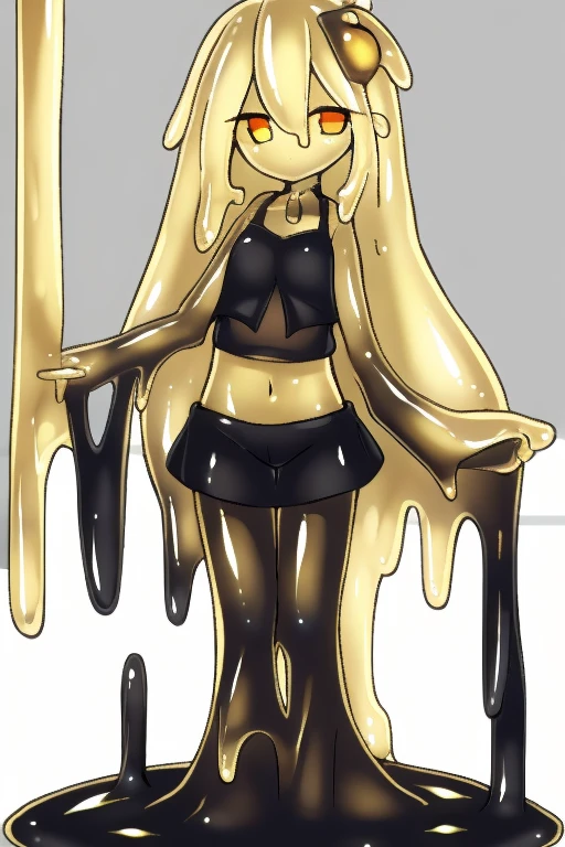 ((yellow blonde skin color)), Black camisole, Black leggings, yellow blonde hair, red eyes, two red hair ornaments, Non-human girl, slender, , navel, ((Yellow skin color)),Slime girl, Slime, monster girl, transparent body, colored skin