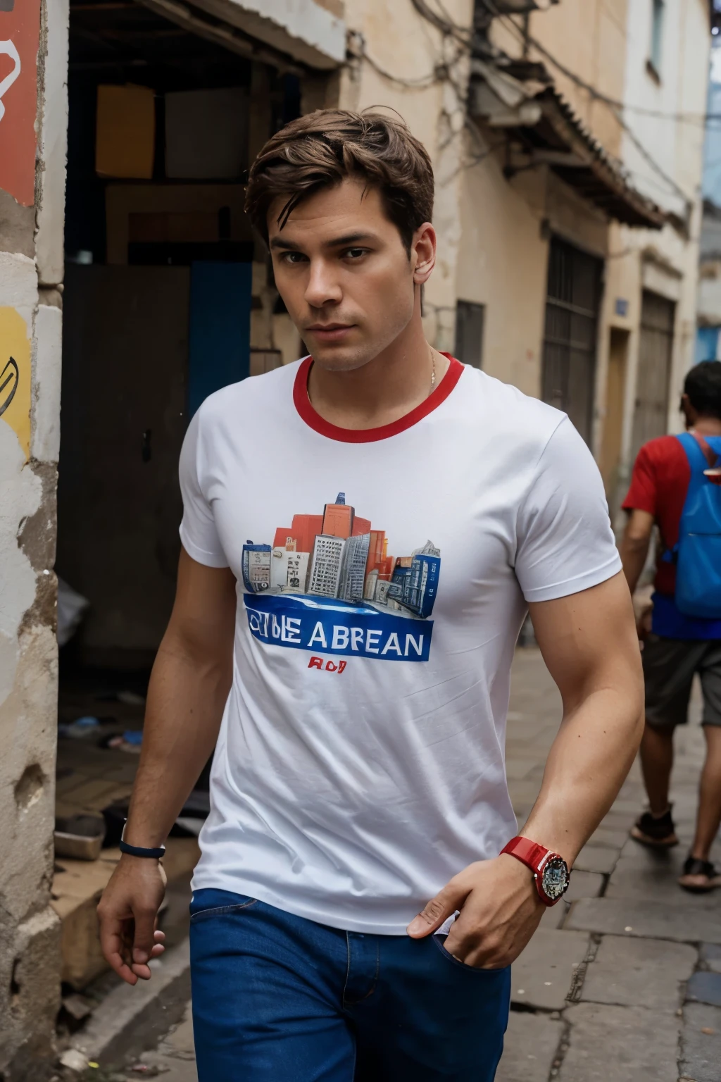 white man wearing a expensive watch but wearing very cheaper T-shirt of color red and blue, very detailed; in the background a city full of poverty and scratch, people walking