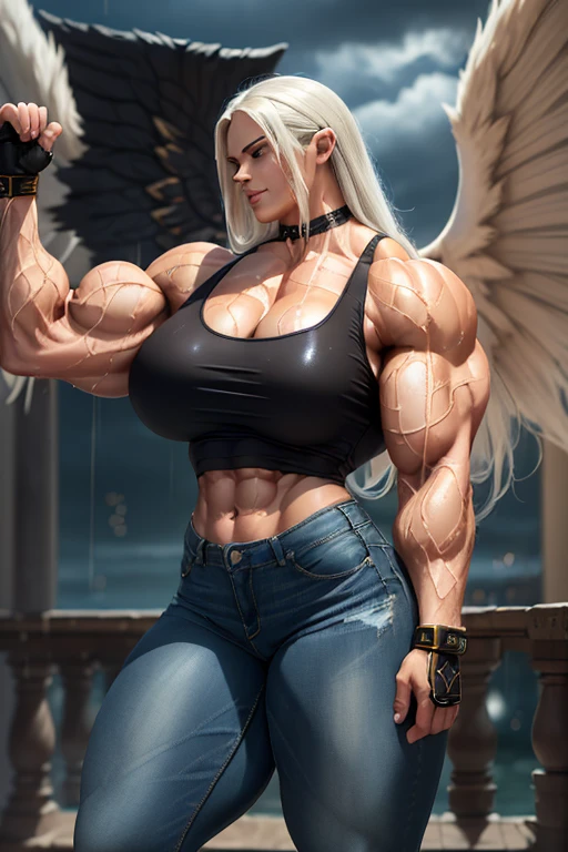 (((((Massive tall, beautiful, buff, wet, brown skinned muscular woman with white hair, ginormous bulky muscles, giant black wings and wearing a tight white tank top with tight denim pants))))), close view, massive muscle, massive biceps, hyper muscle shoulders, (massive muscle arms), (giant black wings), hyper muscle triceps, (long straight hair), blue eyes, choker, (long fingerless gloves), black boots, (in the Cloudy skies), confidant smile, night, hyper vascular arm, hyper muscles arms, hyper muscle legs, (massive arms).