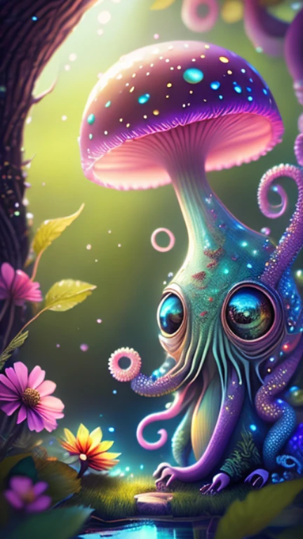 in a magical forest of lush green exotic plants and lush exotic colorful flowers, crystal clear water seeps, little creature with features of a mushroom and an octopus on top, beeple 和 jeremiah ketner, an alien mushroom with tentacles, very beautiful and cute, Delicate little eyes, and small mouth, so cute, fantasy, magic, myth, fairy tale, magical tale, detailed detailed background, Global Illumination, astronomical lighting, magical illumination, Backlight, , 3D stylized rendering, 3d rendering beeple, Highly detailed 4K digital artwork, Daily Beeple Artwork, Lindo's detailed digital artwork, Detailed 3D digital artwork, 8K high-quality detailed artwork, State-of-the-art Autodesk Maya VFX, Post-production