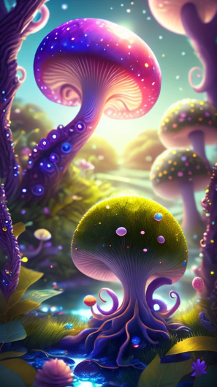 in a magical forest of lush green exotic plants and lush exotic colorful flowers, crystal clear water seeps, little creature with features of a mushroom and an octopus on top, beeple 和 jeremiah ketner, an alien mushroom with tentacles, very beautiful and cute, Delicate little eyes, and small mouth, so cute, fantasy, magic, myth, fairy tale, magical tale, detailed detailed background, Global Illumination, astronomical lighting, magical illumination, Backlight, , 3D stylized rendering, 3d rendering beeple, Highly detailed 4K digital artwork, Daily Beeple Artwork, Lindo&#39;s detailed digital artwork, Detailed 3D digital artwork, 8K high-quality detailed artwork, State-of-the-art Autodesk Maya VFX, Post-production