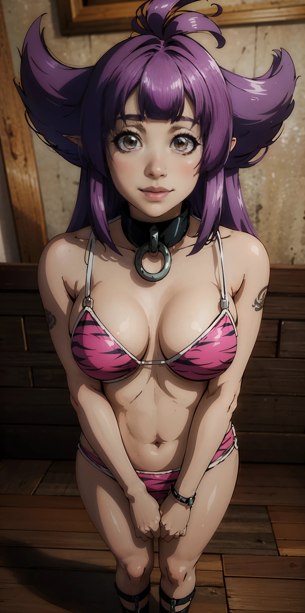 Dos muslos largos, ojos amarillos, pelo purpura, cabello corto, pechos grandes, mangas separadas, fondo muy blanco, Tiara real, capa larga, Bikini tigre amarillo, Tacones altos, manos en la cintura. Tatuaje rojo en el ombligo., MILF de cuerpo completo BIMBO, cara de sonrisa lujuriosa y sonriente (rubor rojo), hombros de metal, brazales dorados sin mangas, gargantilla negra
