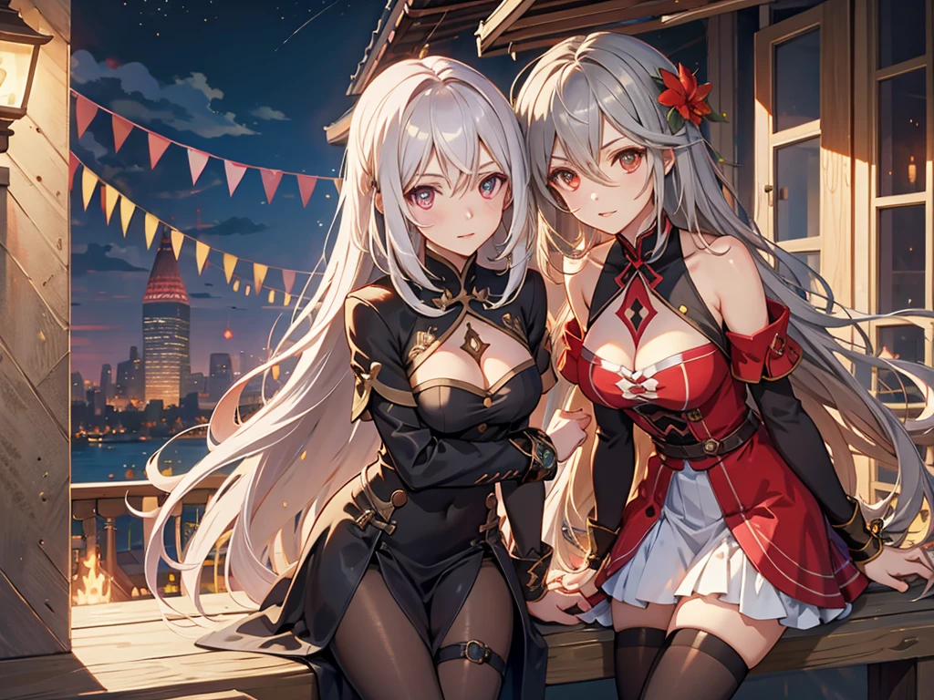 woman who combines characteristics of Rintona from Fault Milestone One, Velvet de Tales of Berseria y Zero de Drakengard con pelo plateado, ojos dorados, vestimenta que combine elementos persas, wuxia y victorianos de color negro, rojo y blanco, holographic accessories combined with arcanapunk and a Lycoris radiata flower-shaped monocle on her left eye, on a balcony overlooking an arcanapunk city in the middle of the night