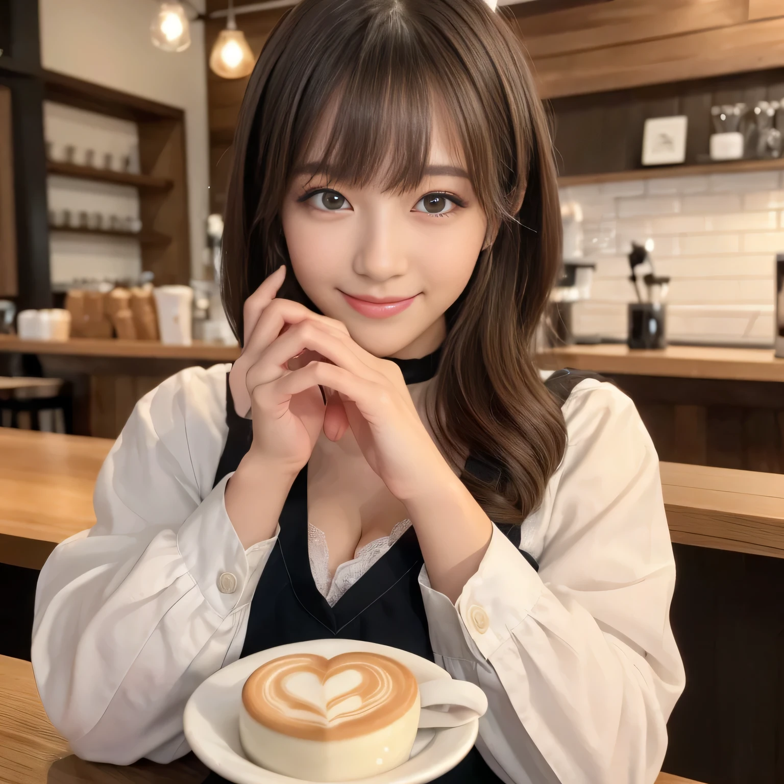 ((highest quality, Tabletop, 超A high resolution、The most complex and detailed depiction)、(One woman,Female café clerk)、In a café with a calm atmosphere、Cafe clerk uniform、Long sleeve、(((Heart's Latte Art、Perfect Heart Latte Art、Perfect hands、Perfect Fingers)))、Detailed and perfect café décor、Fashionable black choker、Blue Eyes,、light brown apron、warm lighting、Natural Makeup, Looking at the camera,Smiling Kindly、Take a photo from the waist up、,Staring at this、length、Big ample breasts、Detailed cafe background、The most beautiful face in Japan,Have a look at this、Perfect Fingers,Perfect Face、Detailed Background、Fair skin、Clear white skin、Perfect Fingers、Detailed Background、Long eyelashes、bangs