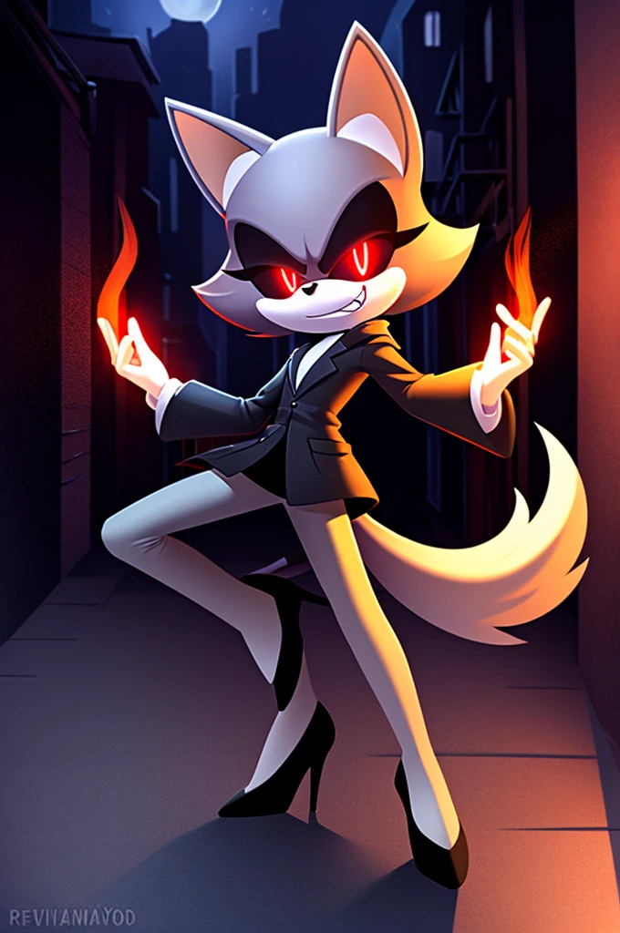 (((masterpiece))), High quality, studio quality, digital art, solo character, mobian, in the style of Sonic the Hedgehog, fluffy and wispy grey fur, female cat demon, intimidating height, tall character, very skinny legs, skinny body, ponytail that sticks straight up, wearing a plain grey coat with coattails, long coattails, white tights, black high heels, big evil grin, evil laughter, reveling in evil laughter, throwing head back, villainous stance, triumphant pose, long fluffy tail, long wispy tail, black eyes with red glowing pupils, smoky atmosphere, in the back of a dark city alleyway, nighttime, graphic novel style art