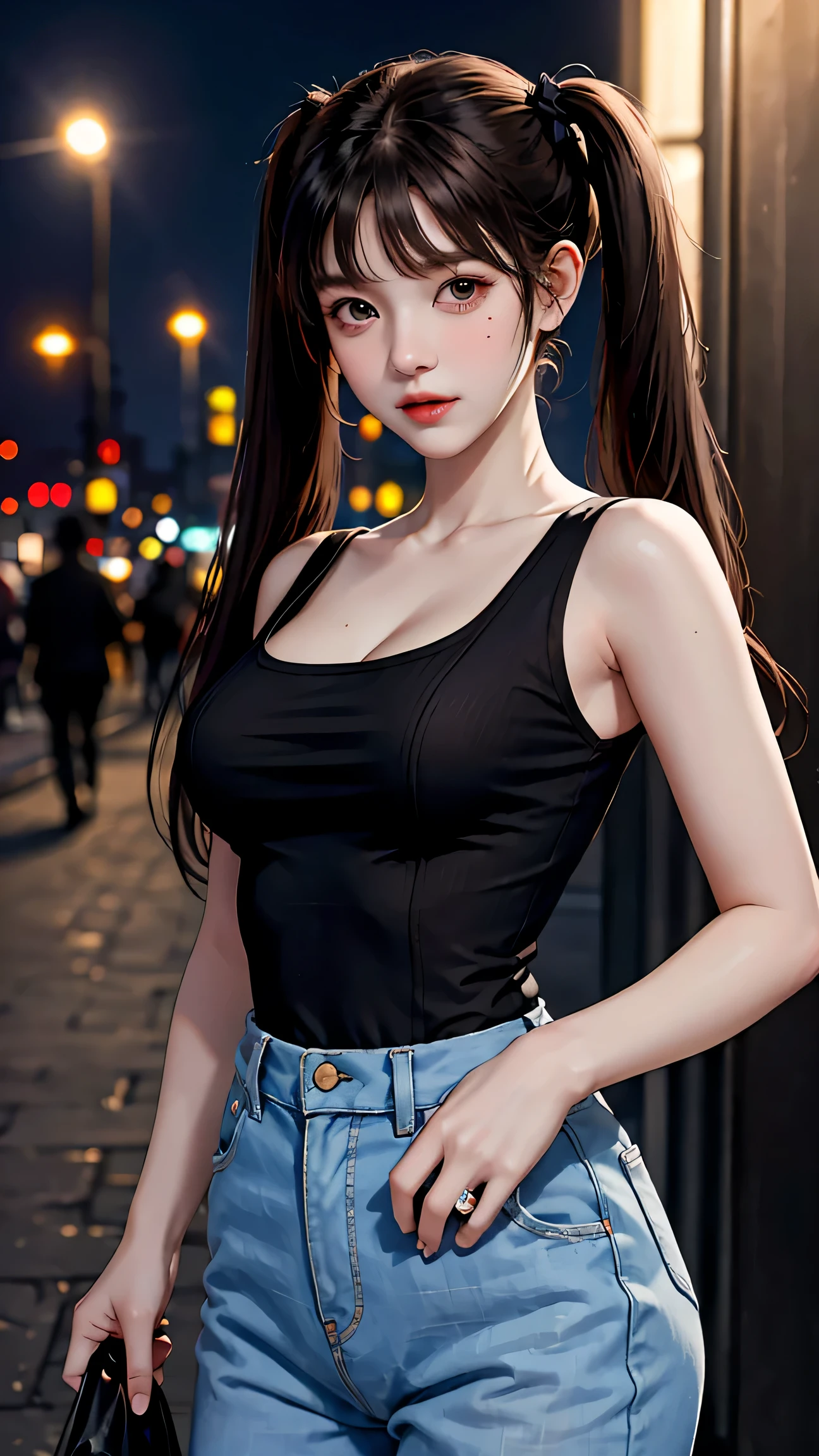 masterpiece, highest quality, One girl, alone, blush, Twin tails, Long Hair, ((Streetwear with less fabric)), Outdoor, night, Movie Posters, Extremely detailed 8K, Smooth, High resolution, super high quality, Cinema Lighting, 16k, Detailed face, Perfect composition, , Atmospheric lighting, Very sexy,(Large Breasts)，Small waist