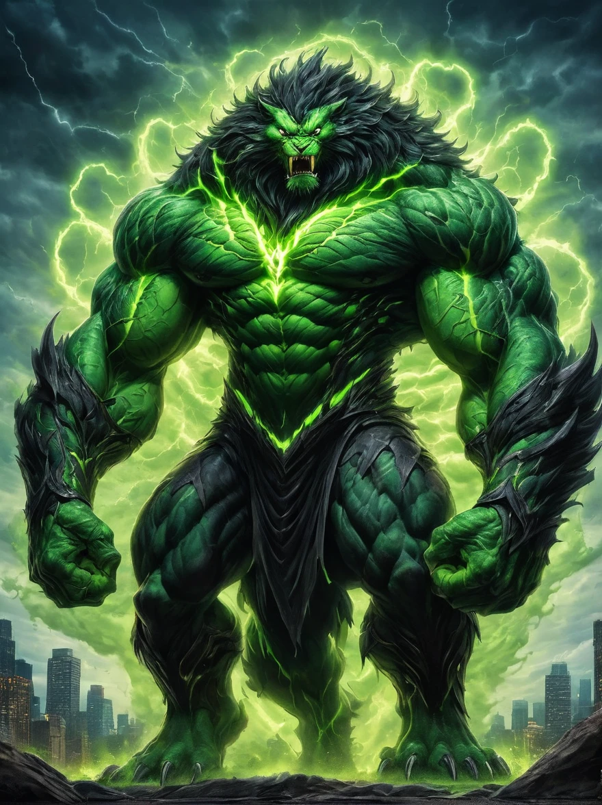 A photo of a vibrant, towering creature, embodying the essence of raw, untamed energy. Its muscular physique is radiating an electric green glow, reminiscent of the color of a Monster energy drink. Its eyes are as bright as suns, searing with intensity. It's captured mid-roar, with its powerful claws digging into the ground, unleashing a shockwave that ripples through the surrounding environment. Behind it, the sky is overtaken by swirling, ominous clouds, further emphasizing the monstrosity and ferocity of this legendary beast.