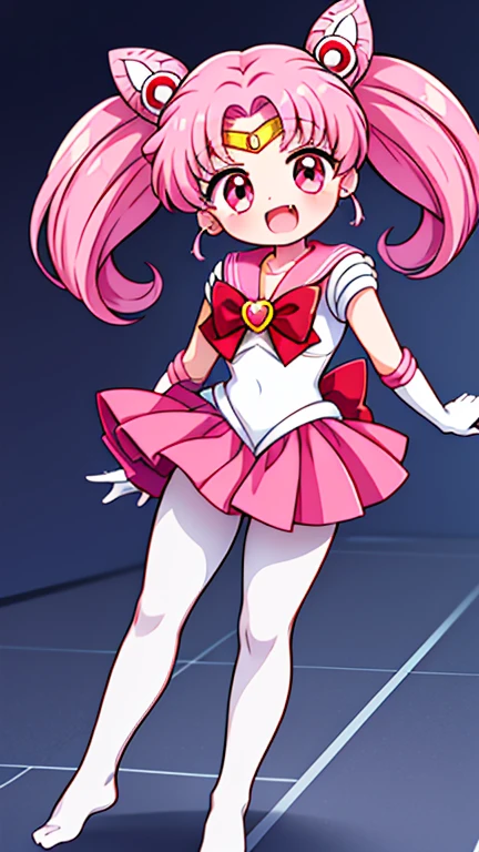 Sailor Moon,young年,Seven years old,cute,(Little Loli),Pink hair twintails,short hair,Sailor Suit,red bow,White elbow gloves,Red Skirt,no shoes,Open your mouth,laughing out loud,Fangs,(White pantyhose),soles of feet,Soles,(young),(The body is small and delicate)